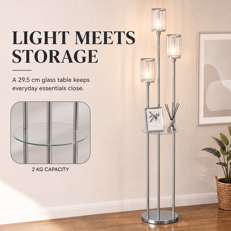 Glass shelf of the chrome floor lamp with a 2 kg capacity label and a 29.5 cm table