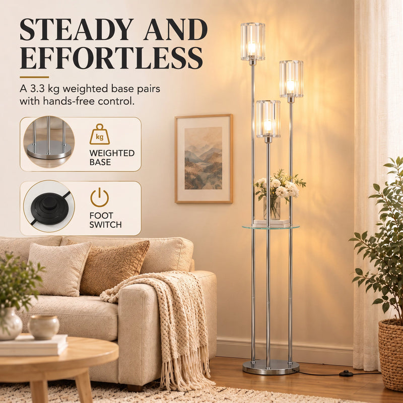 Weighted base and foot switch panel for the chrome 3-light floor lamp
