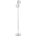 Silver crystal globe floor lamp with two heads on an S-curved stem and round base, studio shot