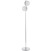Silver crystal globe floor lamp with two heads on an S-curved stem and round base, studio shot