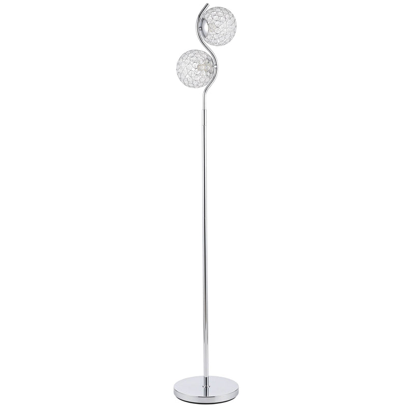 Silver crystal globe floor lamp with two heads on an S-curved stem and round base, studio shot