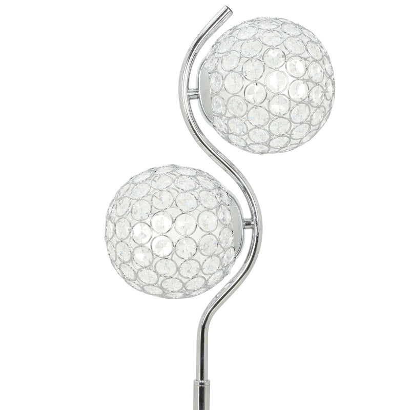 Close-up of the two silver crystal globe shades on the S-curved lamp arm