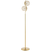 Gold crystal globe floor lamp with two heads on an S-curved stem and round base, studio shot