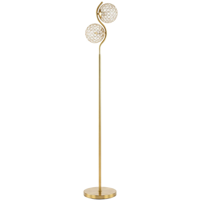 Gold crystal globe floor lamp with two heads on an S-curved stem and round base, studio shot