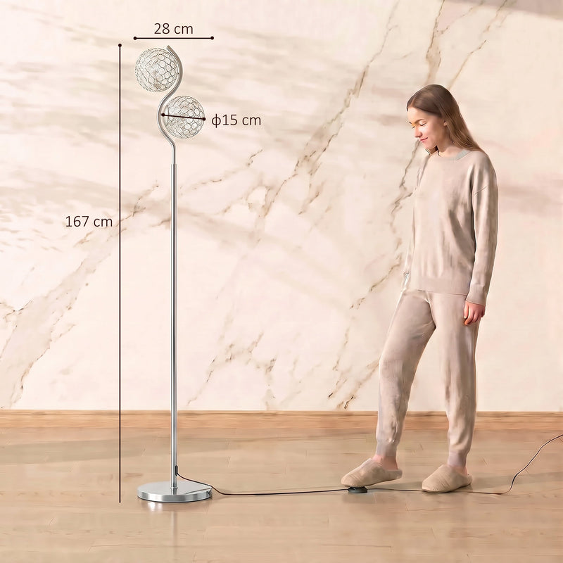Silver crystal globe floor lamp beside a standing woman with 167 cm height, 28 cm width and 15 cm globe diameter labelled