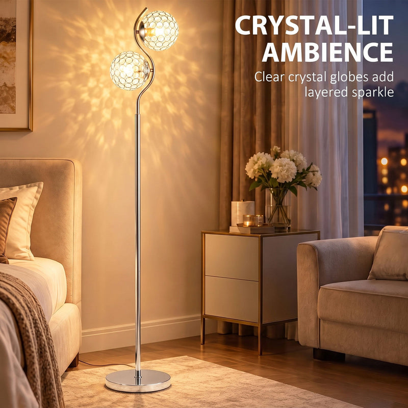 Silver crystal globes casting sparkling light patterns on a bedroom wall