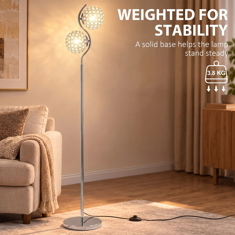 Silver floor lamp in a living room with a 3.8 kg weighted base callout