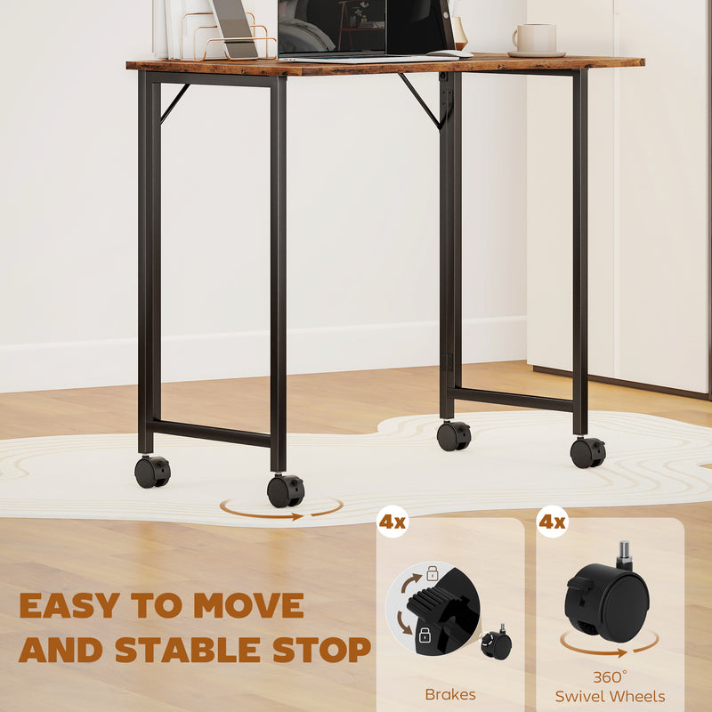 Compact Folding Desk on Wheels with Storage Shelf for Home Office Use Rustic Brown AOSOM