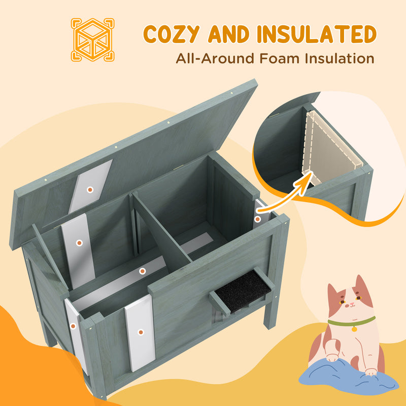 Wooden Insulated Cat House With Removable Floor And Opening Roof For Outdoors, Charcoal Grey