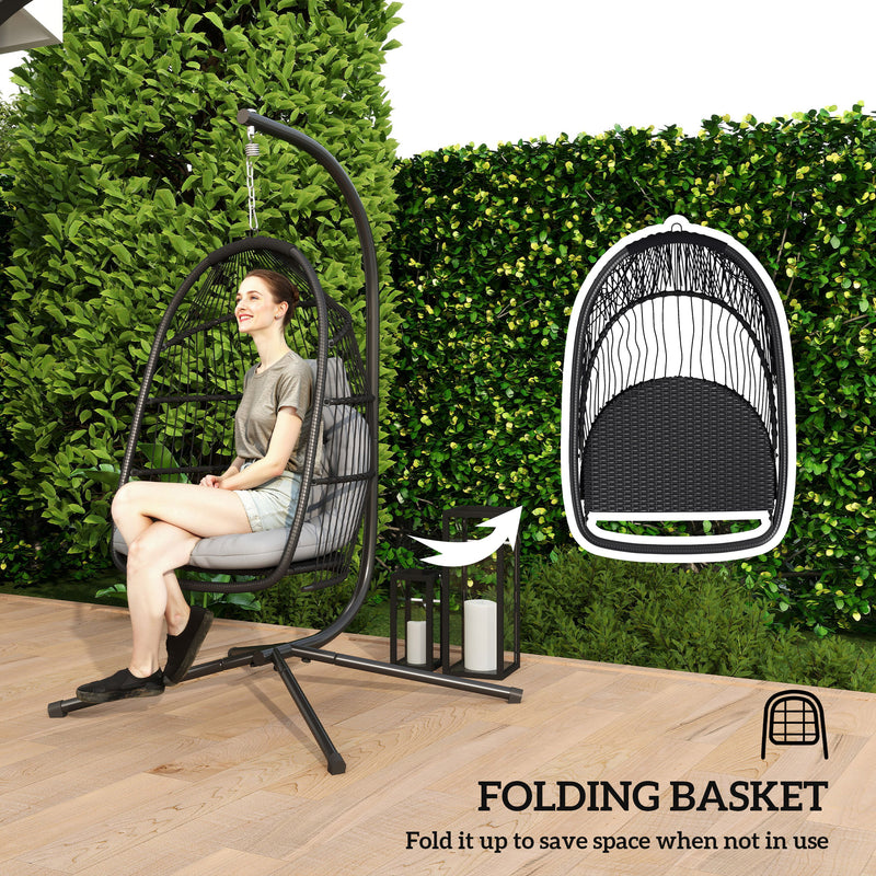 Dark Grey Rattan Hanging Egg Chair with Stand and Cushion for Garden or Indoor Use by Outsunny