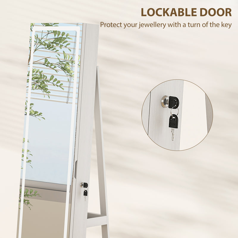 Free Standing Full Length Mirror Jewellery Armoire With LED Lights And Lockable Jewellery Storage White
