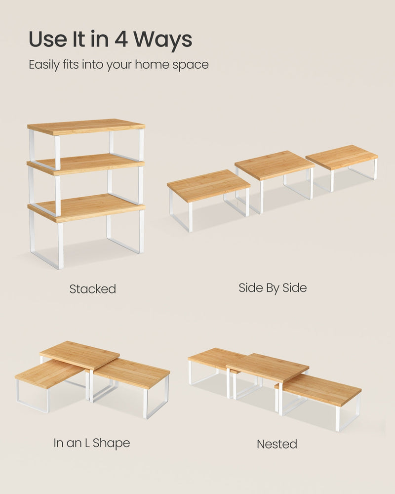 Dimensions diagram of white and beige cupboard organiser set