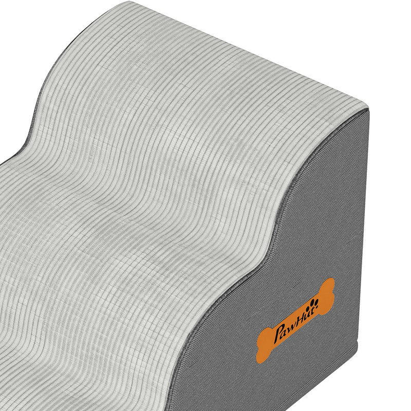 Close-up of the curved steps and orange PawHut label on the grey side
