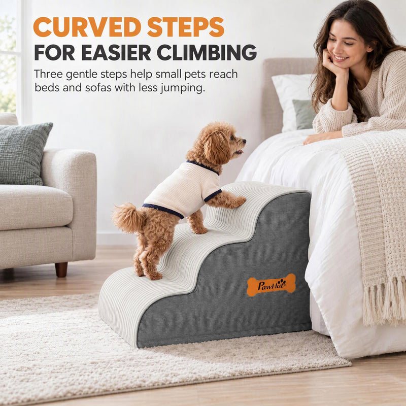 Small dog in a jumper climbing the curved steps beside a bed