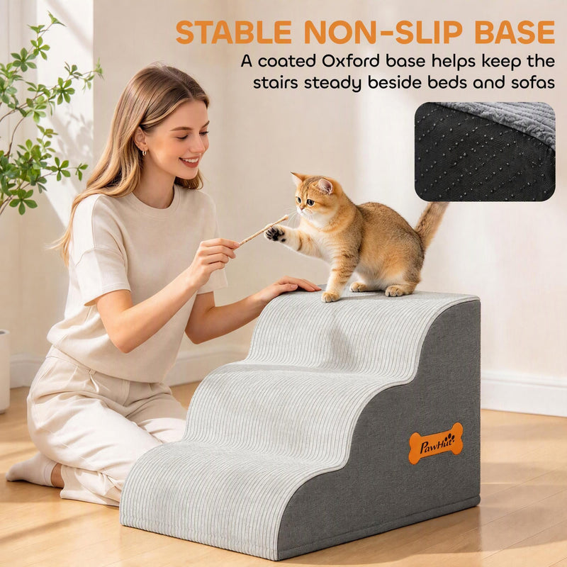 Woman playing with a cat on the stairs with a close-up of the black non-slip base