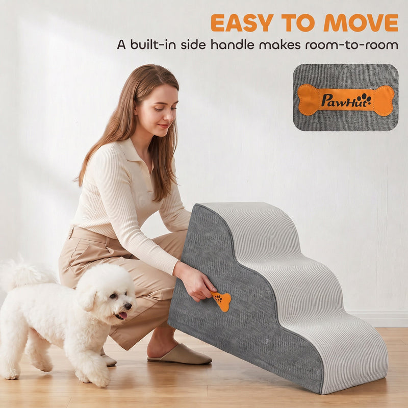 Woman carrying the stairs by the built-in side handle while a small dog watches