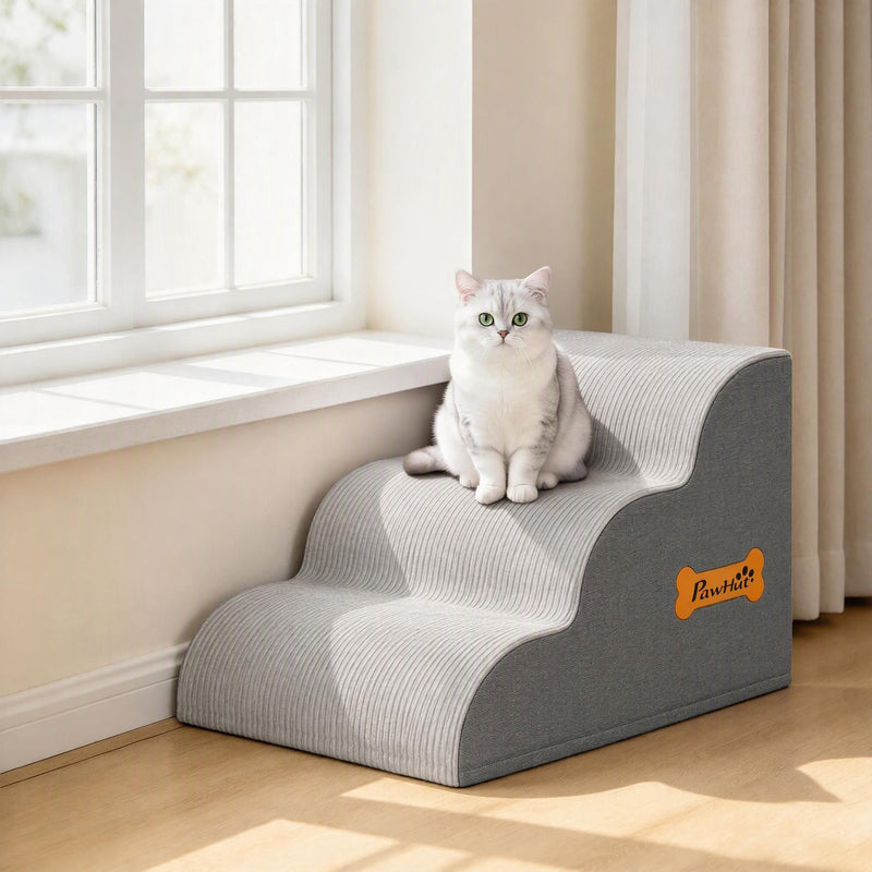 Cat sitting on the top step of the curved stairs by a window