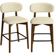Beige chenille bar stools set of 2 with curved open backs and rubberwood legs on a white background