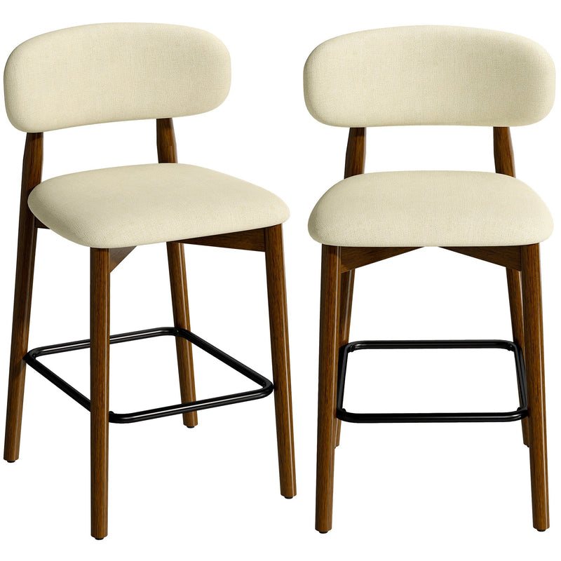 Beige chenille bar stools set of 2 with curved open backs and rubberwood legs on a white background