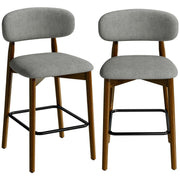 Grey chenille bar stools set of 2 with curved open backs and rubberwood legs on a white background