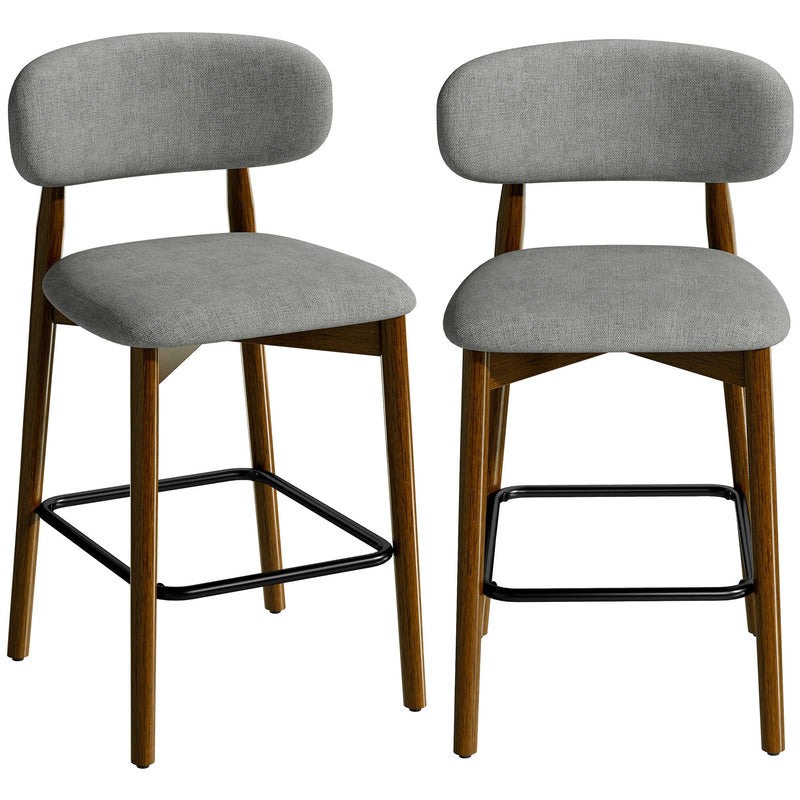 Grey chenille bar stools set of 2 with curved open backs and rubberwood legs on a white background