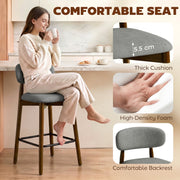 Woman sitting on a grey bar stool with call-outs for 5.5 cm thick cushion and high-density foam