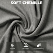 Close-up of soft grey chenille fabric with stylish, warm and skin-friendly icons