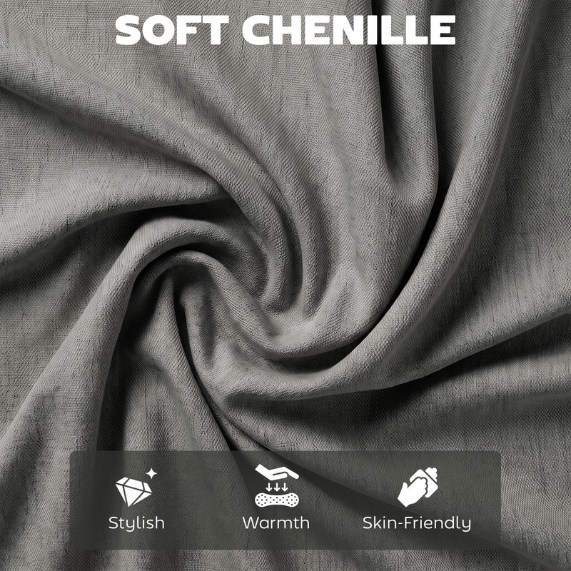 Close-up of soft grey chenille fabric with stylish, warm and skin-friendly icons