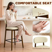 Woman sitting on a beige bar stool with call-outs for 5.5 cm thick cushion and high-density foam
