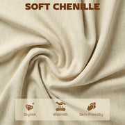 Close-up of soft beige chenille fabric with stylish, warm and skin-friendly icons