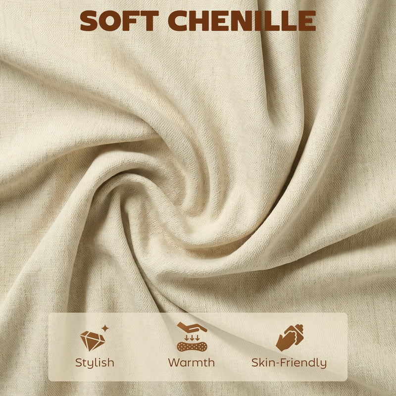 Close-up of soft beige chenille fabric with stylish, warm and skin-friendly icons