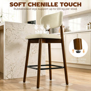 Beige bar stool at a marble counter with rubberwood leg and foot glide call-out