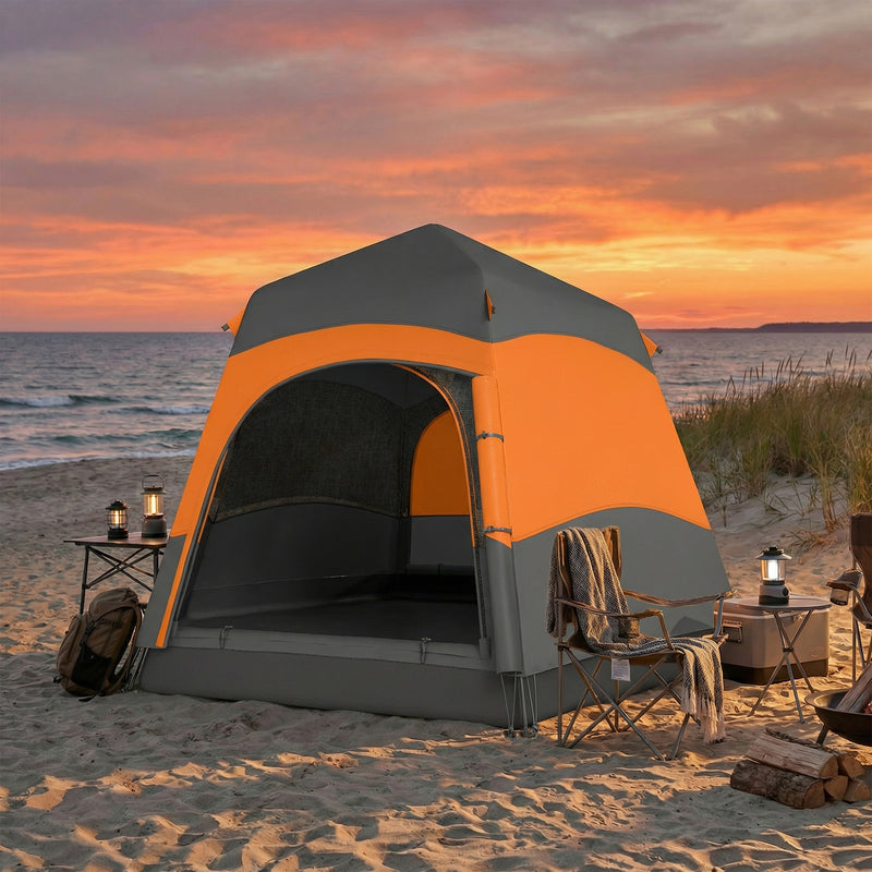 Pop Up 4 Person Tent for Quick Camping Shelter with Mesh Windows Orange and Dark Grey
