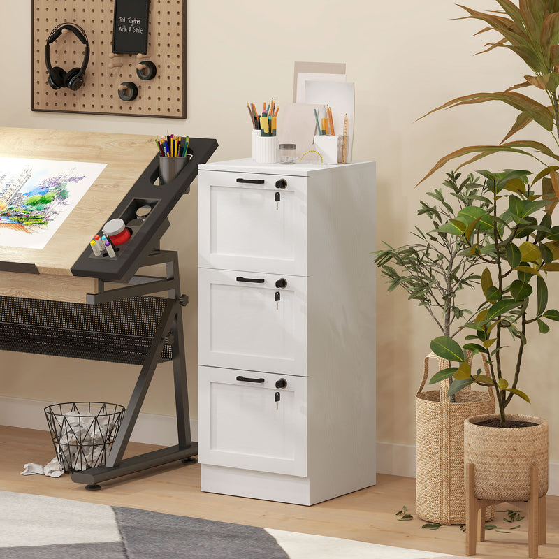 White 3 Drawer Filing Cabinet With Lock For Home Office Document Storage