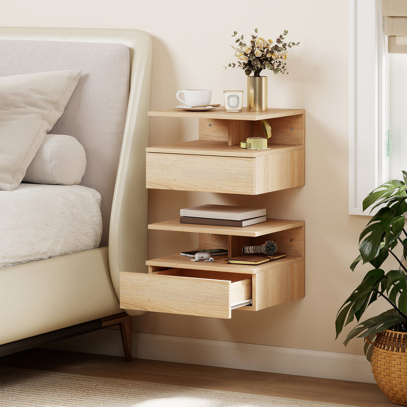 Set of 2 Floating Bedside Tables with Drawer and Shelf for Space Saving Storage Oak AOSOM