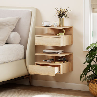 Set of 2 Floating Bedside Tables with Drawer and Shelf for Space Saving Storage Oak AOSOM