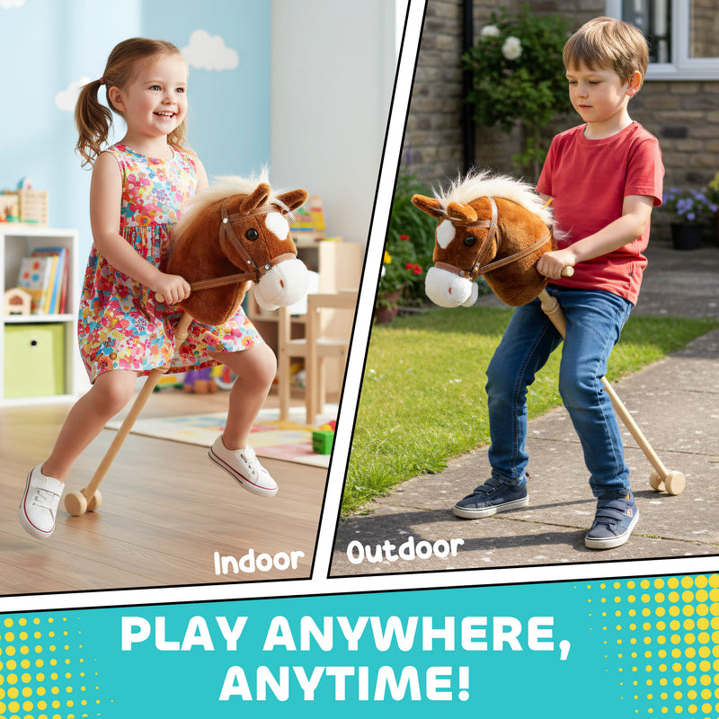 Stick Horse Toy with Real Neighing Sounds and Wooden Wheels for Kids Playtime, Brown AOSOM