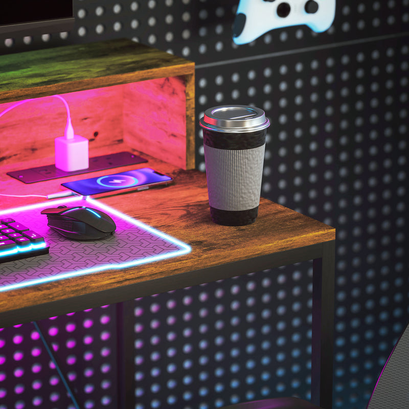 100cm Gaming Desk with LED Lights and Power Outlets Rustic Brown by HOMCOM
