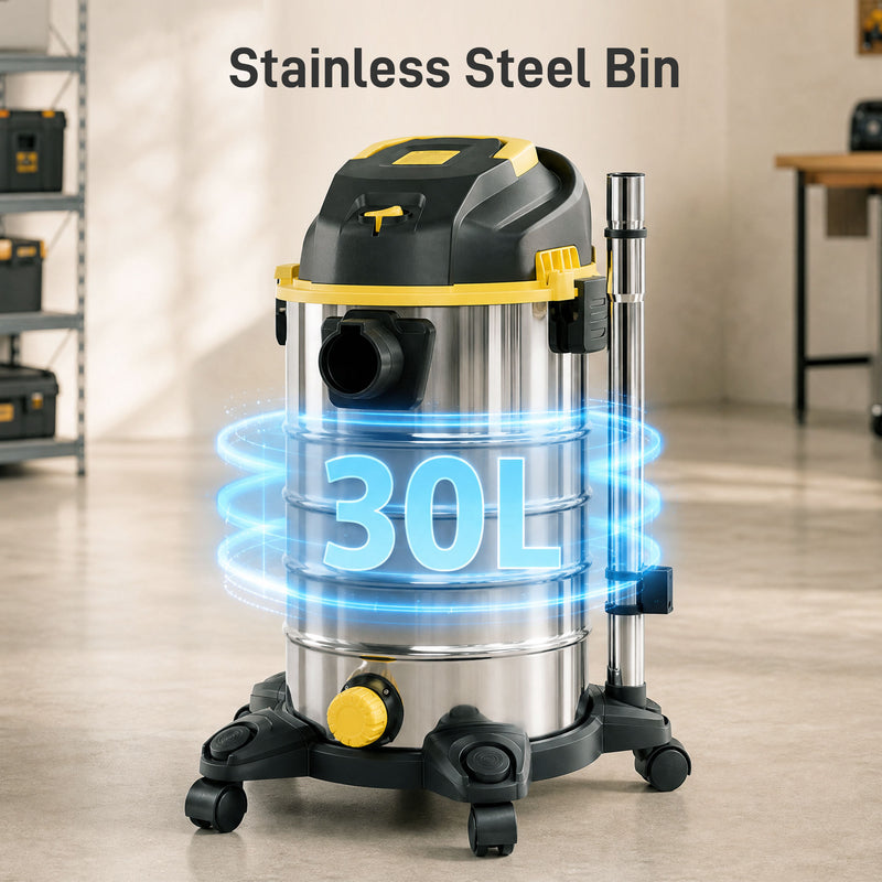Wet and Dry Vacuum Cleaner for Fast Spill and Dust Removal with Large 30L Bin Silver Black Yellow