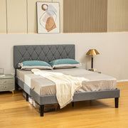 Grey Double Bed Frame with Adjustable Linen Headboard and Wooden Slats by HOMCOM
