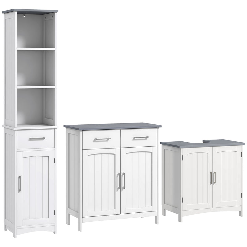 3 Piece White Bathroom Furniture Set Tall Storage Cabinet Sink Unit with Shelves and Drawers by kleankin