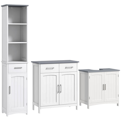 3 Piece White Bathroom Furniture Set Tall Storage Cabinet Sink Unit with Shelves and Drawers by kleankin
