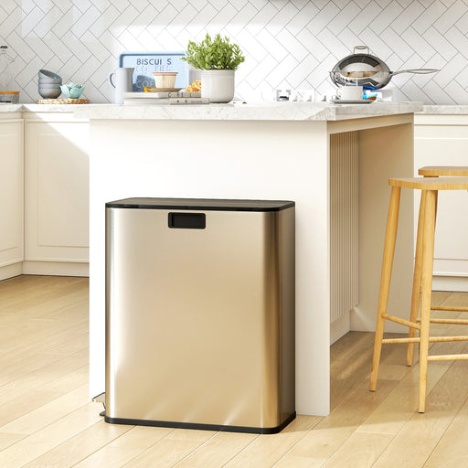 56L Dual Kitchen Recycling Pedal Bin with Soft Close Lid and Removable Buckets Silver