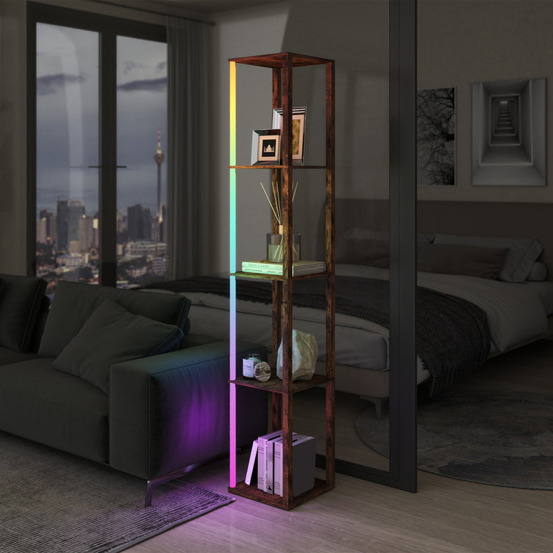 LED Floor Lamp with Shelves and Remote Control for Living Room or Bedroom Rustic Brown