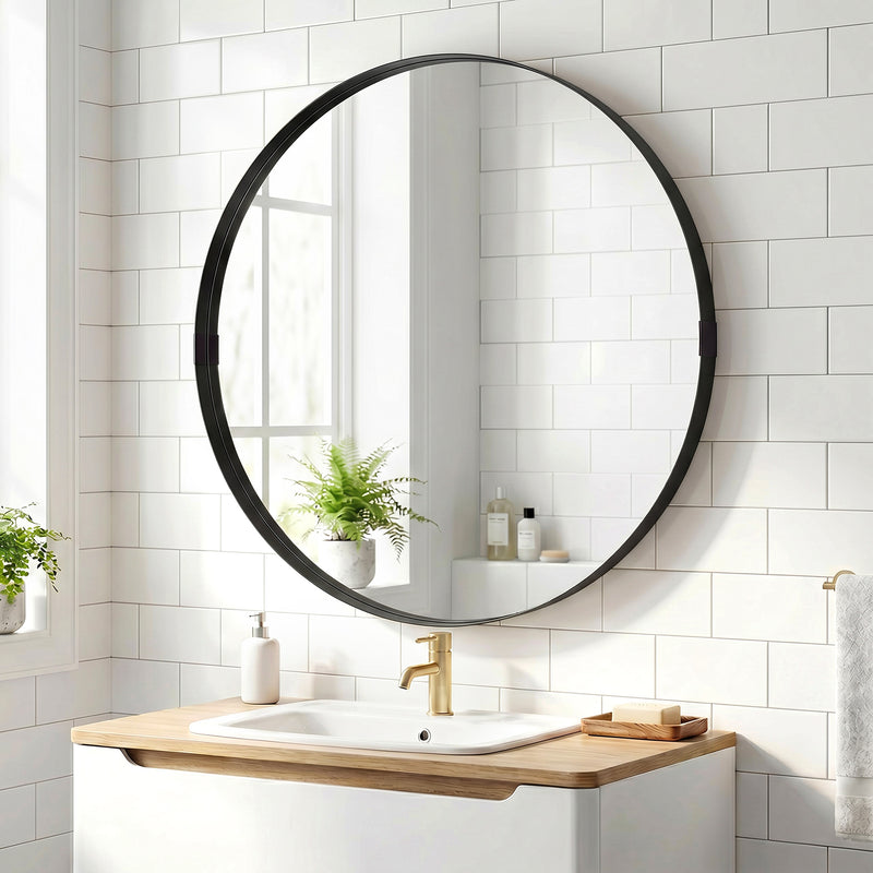 Round Shatterproof Wall Mirror for Hallways or Bathrooms Ready to Hang Black Homcom