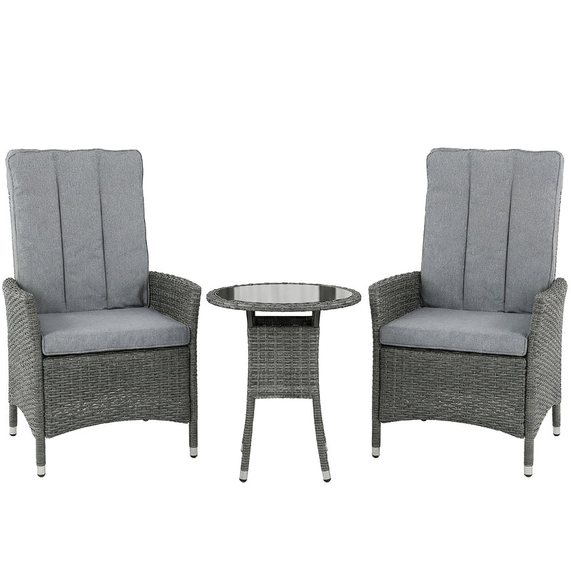 Grey Rattan Bistro Set With Reclining Chairs Table and Cushions for Small Gardens or Balconies