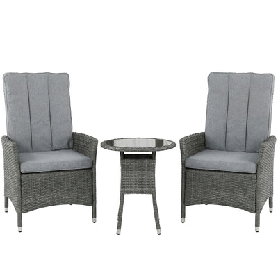 Grey Rattan Bistro Set With Reclining Chairs Table and Cushions for Small Gardens or Balconies Outsunny