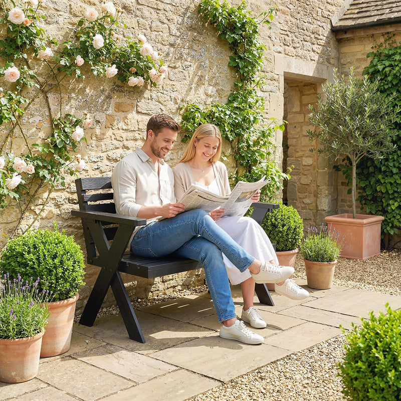 Black Wooden Garden Bench for 2 with Weather Resistant Fir Wood and Modern X Frame Legs