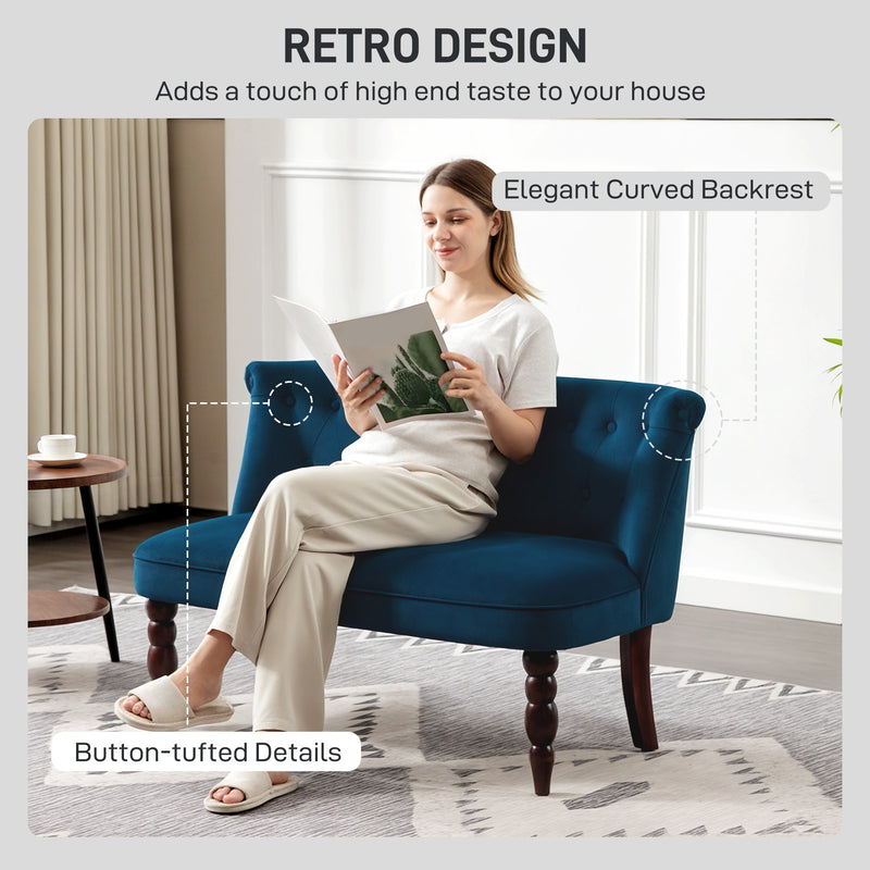 Dark Blue Velvet 2 Seater Wingback Sofa With Button Tufting And Wooden Legs For Living Room