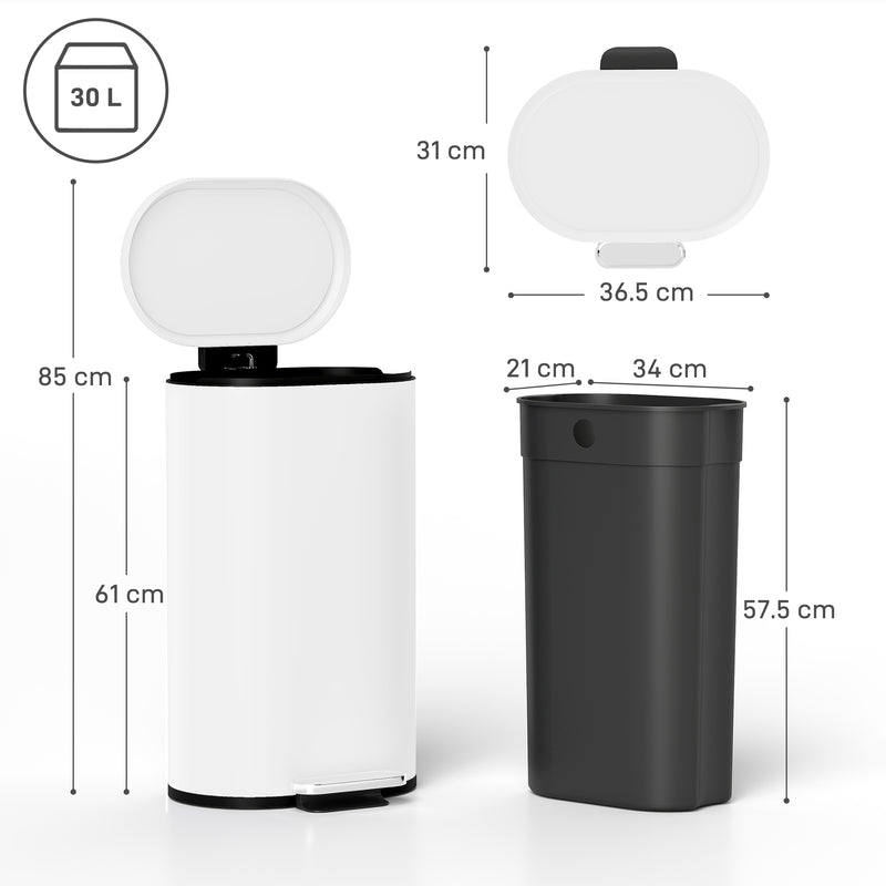 White 30L Curved Kitchen Pedal Bin With Soft Close Lid Ideal for Home or Office Use